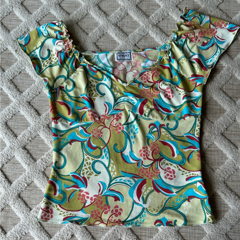 Vintage Rare Versace Y2K 90’s Colorful V - Neck Ruffle Hem Top Retro Streetwear